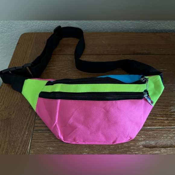80s Neon Fanny Pack Adjustable Retro Two Pockets Waist Bag Lightweight - Picture 3 of 7